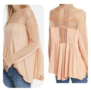 Free People Jojo Embroidered Mixed Media Long Sleeve Top Coral Size Small
